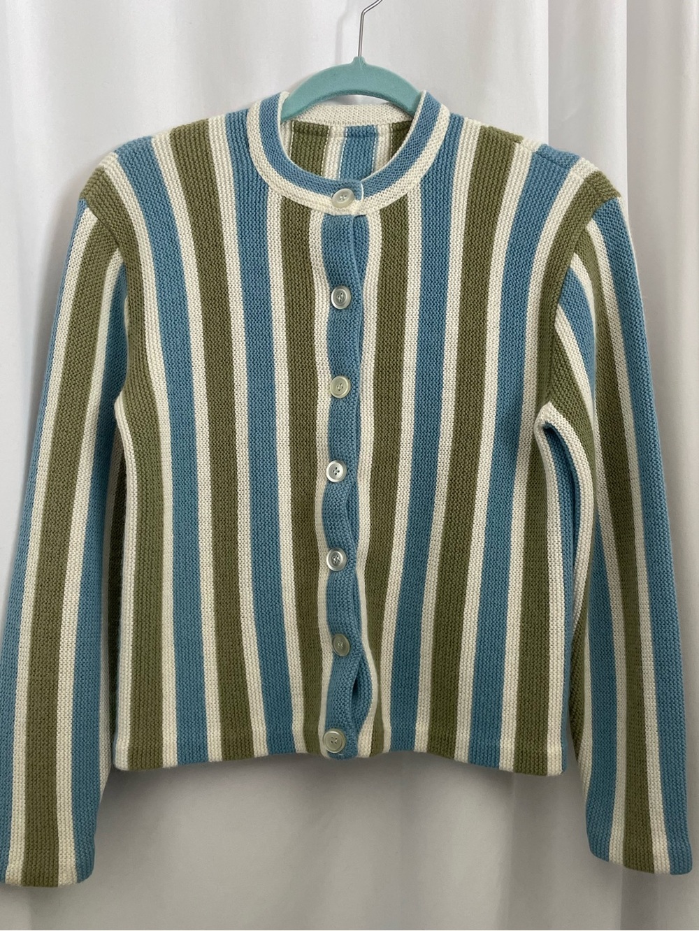 Vintage 60s Striped Crewneck Sweater Cardigan - Blue, Avocado Green & Cream